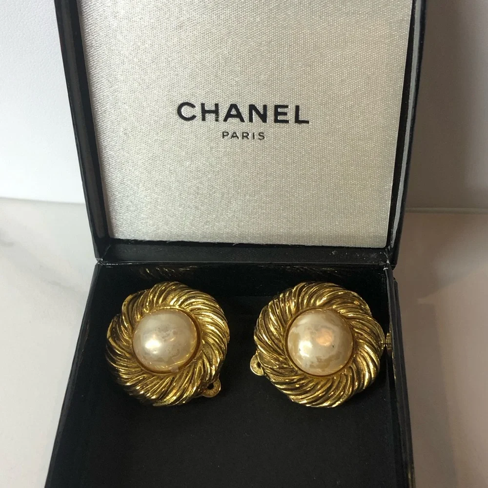 CHANEL 24k Gold Plated and Faux Pearl Earrings w/ BOX